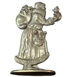 Vintage Santa Claus Pewter Figurine Statue with Mouse and Toy Sack